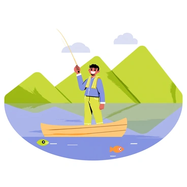 A cartoon character resembling "Vadivelu" is standing on a small wooden boat in a lake. The character has a big smile and is holding a fishing rod with a bright red bobber. The lake is calm, reflecting the green mountains in the background. The mountains are tall and have patches of green trees. The sky above is a clear blue with a few fluffy white clouds. There are small ripples on the water where a fish is jumping near the boat.