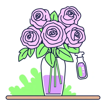 A bouquet of roses is arranged in a glass vase. Each rose bloom is designed as an ampoule, transparent and filled with colorful liquid. The roses vary in size, and their petals are delicately shaped. The vase is placed on a wooden table, with natural light illuminating the vibrant liquids within the ampoules. The background includes hints of greenery, suggesting a garden setting.
