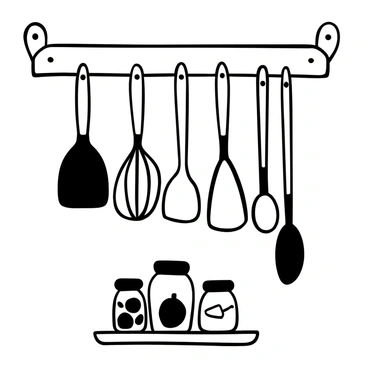 A simple line drawing of various kitchen utensils hanging on a wall.