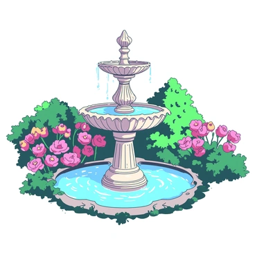 An ornate fountain with intricate carvings is situated at the center of a lush garden. The fountain features multiple tiers, each adorned with detailed sculptures, and water flows gracefully from the top tier down to the lower levels. Surrounding the fountain are vibrant pink and yellow garden flowers, with their petals gently swaying in a soft breeze. Green foliage frames the scene, adding a rich contrast to the colors of the flowers and the fountain. The sunlight casts gentle reflections on the water's surface, enhancing the serene beauty of the garden setting.