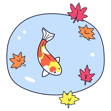 A koi fish with orange and white markings swimming in a pond. The water has a clear, reflective surface. Surrounding the pond are vibrant autumn leaves in shades of red, orange, and yellow, some of which are gently floating on the water's surface. The leaves create a contrasting and colorful border along the edges of the pond.