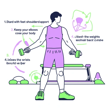 An instructional illustration for beginners demonstrating how to perform hammer curls. In the center, a person stands with a strong posture, holding a pair of dumbbells in each hand. The person's arms are bent at the elbows, with the dumbbells positioned parallel to the body. A series of numbered steps are displayed around the figure, indicating the proper technique: "1. Stand with feet shoulder-width apart," "2. Keep your elbows close to your body," "3. Curl the weights upward," and "4. Lower the weights back down." To the side, an arrow points to the correct position of the wrists, showcasing the neutral grip. The background features a simple gym setting with equipment like a bench and exercise mats.