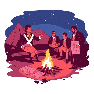 A red campfire is crackling in the center of the image, casting warm light on the scene. Napoleon, wearing a military uniform adorned with various medals, sits on a log next to the fire. His expression is focused as he gestures with one hand, emphasizing his points. Surrounding him are several generals, each in uniform, attentively listening and holding maps. The ground is covered with scattered leaves, and the night sky above is filled with twinkling stars. A small tent can be seen in the background, partially illuminated by the firelight.