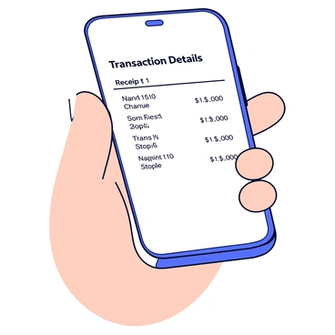 A smartphone with a sleek design, held in a hand with a light skin tone. The screen displays an electronic receipt with clear text. The receipt includes the words "Transaction Details" at the top in bold. Below, there are itemized lists showing product names, prices, and quantities. The background of the screen is white for clarity. The hand is positioned against a softly blurred background that suggests a retail environment.