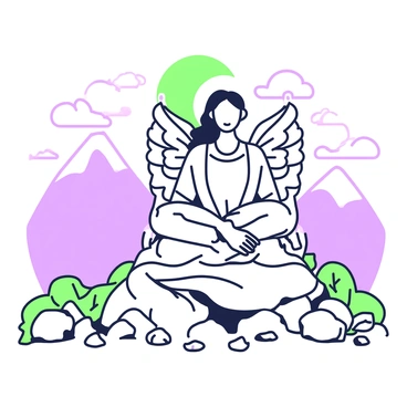 An angel with large, intricate wings is seated in a meditative pose on a rocky mountaintop. The angel has a serene expression and is wearing a flowing white robe that drapes elegantly around the figure. The sun is rising in the background, casting soft light over the scene. The sky is filled with soft hues as the sun breaks the horizon, illuminating the angel and the surrounding mountain peaks. In the foreground, there are scattered stones and sparse vegetation, highlighting the rocky terrain. The entire scene conveys a sense of tranquility and harmony with nature.