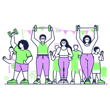 A diverse group of people is gathered at a community event, performing shoulder presses in unison. On the left, a person with curly hair is lifting a green weight overhead, wearing a bright t-shirt and shorts. Next to them, an individual with long braids is also raising a weight, dressed in athletic leggings and a tank top. In the center, a person wearing glasses is smiling while lifting a purple weight, surrounded by a few others who are in different poses, all engaged in the exercise. The background features colorful banners and a few people clapping in encouragement, creating an atmosphere of unity and energy.