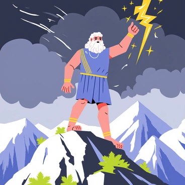 A powerful Zeus with white hair and a flowing beard is standing atop a snowy peak of Mount Olympus. He is wearing a bright blue toga adorned with gold accents. His muscular arm is raised high, dramatically throwing a bright yellow lightning bolt that crackles with energy. The sky behind him is filled with dark storm clouds, and flashes of light illuminate the scene. Below, the mountain is adorned with lush greenery, contrasting with the rugged rocks surrounding Zeus.