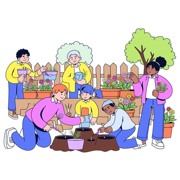 A group of young and elderly people are working together in a community garden. The young people are kneeling on the ground, digging small holes with trowels. The elderly individuals are standing nearby, guiding them while holding colorful flower seedlings. There are various flower pots scattered around, showcasing vibrant blossoms like daisies and marigolds. Sunlight filters through the leaves of nearby trees, casting playful shadows on the soil. In the background, there is a wooden fence surrounding the garden, adding to the community atmosphere.