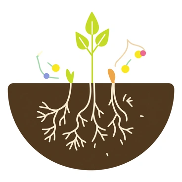 An illustration depicting "plant roots" extending into the soil with "mycelium threads" intertwining around them. The roots are "brown" with "tiny white tips" where they interact with the mycelium. The mycelium appears as "fine white filaments" spreading in various directions. "Nutrients" in the form of "small colorful orbs" are shown moving from the mycelium to the roots. The background consists of "dark soil" with "small green leaves" near the surface to represent the plant's health and environment.
