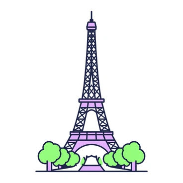 An outline illustration of the Eiffel Tower is featured prominently. The tower is rendered using green and purple lines, emphasizing its iconic lattice structure. Below the tower, there is a simplified representation of the Champ de Mars, with minimal shapes indicating the park's layout. In the foreground, a few stylized trees with rounded tops are arranged, providing balance to the composition. The overall design maintains a clean, minimalistic aesthetic, focusing on the elegance of the tower's silhouette.