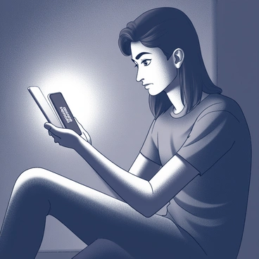 A person sitting in a dimly lit room, their expression showing signs of anxiety. They are holding a smartphone in their right hand, with the screen glowing brightly, displaying "Unknown Caller" in large text. The person's left hand is resting on their knee, fingers slightly curled, indicating tension. The shadows around them deepen the atmosphere of uncertainty, creating a stark contrast between the light from the phone and the surrounding darkness.