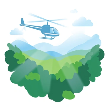 A helicopter is flying above a dense forest, showcasing an expansive view of the lush green canopy below. The trees are vibrant in varying shades of green, with some areas showing hints of autumn colors. Rays of sunlight filter through the leaves, creating dappled patterns on the forest floor. In the distance, rolling hills can be seen, adding depth to the landscape. The helicopter is detailed, with rotors spinning, hovering gracefully in the sky. A few fluffy clouds drift in the blue sky, complementing the scene.