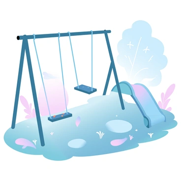 A playground featuring rusty swings hanging from weathered metal frames. The swings are partially covered in peeling paint. Nearby, there is a faded slide that shows signs of wear and weathering, with its once-bright colors dulled by time. The area surrounding the playground is filled with overgrown grass, with wildflowers peeking through in patches. In the background, there are trees that cast dappled shadows on the playground equipment.
