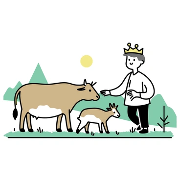 A man with a crown and traditional attire is gently petting a cow and a goat in a rural setting. The cow, with a light brown coat, stands calmly beside him, while the goat, with white and brown patches, nuzzles against his hand. The background features green grass and a few scattered trees, highlighting a peaceful countryside atmosphere. The sky is clear, with a warm sun shining down, casting soft shadows on the ground.