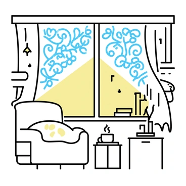Intricate frost patterns covering a window, featuring delicate and swirling designs. Within the window, a cozy room is visible, showcasing a warm glow from a light source. A soft armchair is placed near the window, with a knitted blanket draped over it. A small table beside the chair holds a steaming cup of tea. The walls are adorned with simple decorations, and a bookshelf filled with books can be seen in the background, enhancing the inviting atmosphere of the scene.