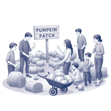 A group of diverse families is gathered in a pumpkin patch. Adults and children are interacting joyfully among rows of pumpkins of various sizes and shapes. Some children are kneeling down, inspecting small pumpkins while others are pointing excitedly at larger ones in the distance. Parents are smiling and discussing the best choices with their kids. The background features a rustic wooden sign that says "Pumpkin Patch" in bold letters. A few hay bales are scattered around, and a wheelbarrow filled with pumpkins is nearby, suggesting a fun and busy atmosphere.