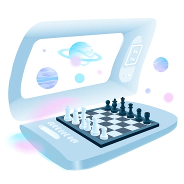 A chess match is in progress on a spaceship. The chessboard is set on a sleek, metallic table, with pieces in contrasting colors. Through large windows, several planets are visible, showcasing vibrant colors and varied textures. The interior of the spaceship features smooth surfaces and glowing control panels. Soft, ambient lights illuminate the space, casting gentle reflections on the chessboard. The scene conveys a sense of focus and strategy amidst the backdrop of the cosmos.