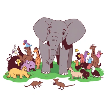 A large gray elephant stands with its ears flared, eyes wide in surprise as it reacts to a small brown mouse scurrying across the ground. The elephant's trunk is lifted in a startled position, and its feet are slightly raised as if ready to jump. Surrounding the elephant is a diverse crowd of various animals, including a curious lion, a perplexed giraffe, and a group of colorful birds, all looking on in astonishment. They appear to assume that the elephant fears the mouse, with expressions of disbelief and surprise on their faces. The scene is set in a vibrant green grassland, emphasizing the contrast between the large elephant and the tiny mouse.