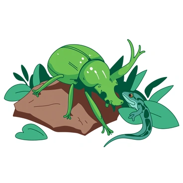 A green Hercules beetle with a shiny carapace is positioned on a textured brown rock. Its large, curved horns are prominent and gleaming in the light. Nearby, a small teal lizard with vivid markings peeks out from behind a leaf, its eyes wide and focused on the beetle. The background features scattered green foliage, creating a natural habitat for both the beetle and the lizard. The scene captures the moment of curiosity, highlighting the juxtaposition of the beetle's robust form and the lizard's slender figure.
