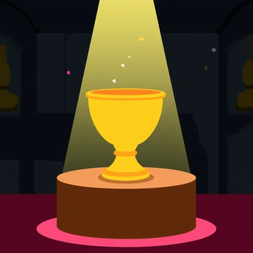 A rare artifact is placed on a polished wooden pedestal in a dimly lit museum. The artifact is an ancient golden chalice adorned with intricate carvings and colorful gemstones embedded in its surface. A strong spotlight illuminates the chalice, casting a warm glow and creating soft shadows around it. The background features dark, faded walls lined with display cases, adding to the atmosphere of mystery surrounding the precious item. Dust particles gently float in the beam of light, enhancing the dramatic presentation of the artifact.