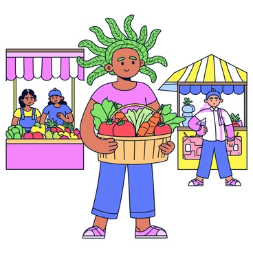 A figure resembling "Medusa" stands in a bustling market, surrounded by various stalls. Her hair is composed of green snakes, each with intricate scales. Medusa holds a woven basket filled with an assortment of "fresh produce," including bright red tomatoes, leafy green lettuce, and vibrant carrots. The market is lively, with colorful banners and other shoppers visible in the background. Various vegetables and fruits are displayed on the stalls, creating a vibrant atmosphere.