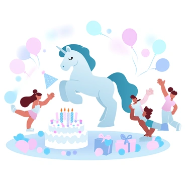 A pony with a shiny coat is standing in the center of a festive birthday party scene. Colorful balloons in various shapes and sizes are floating around the pony, creating a joyful atmosphere. In front of the pony, there is a large birthday cake decorated with colorful frosting and candles. Surrounding the cake, there are several presents wrapped in vibrant paper and tied with bows. Children are playing nearby, with some holding party hats and others reaching out towards the pony, adding to the cheerful ambiance of the celebration.