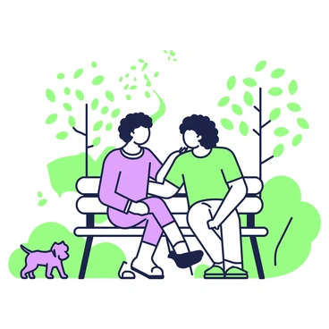Two friends are sitting on a park bench, surrounded by greenery. One friend has dark hair and is wearing a light blue shirt, while the other has curly hair and is dressed in a green t-shirt. The friend on the left gently places a hand on the shoulder of the friend on the right, conveying support and comfort. In the background, trees with leaves and a winding path can be seen, adding to the serene atmosphere of the park. A small dog is playing nearby, adding a lively element to the scene.