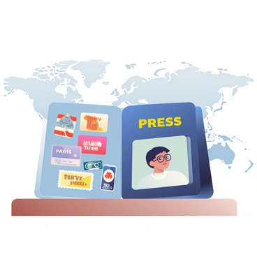 An international press passport is opened on a wooden table. The cover of the passport is dark blue with gold lettering that reads "PRESS." Inside, there is a section featuring a rectangular photo of a journalist with short black hair and wearing glasses. Next to the photo, various travel stamps are visible, showcasing destinations such as "Paris," "Tokyo," and "New York." The stamps are in vibrant colors, with different shapes and designs. The background of the scene includes a faint outline of a world map, adding a sense of global travel.