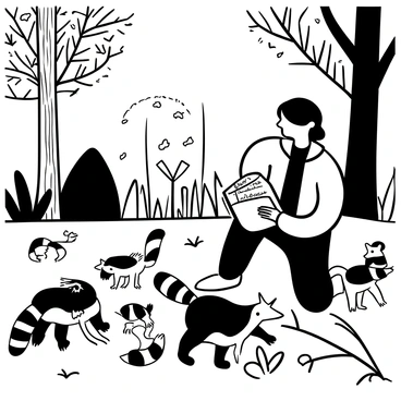 A wildlife biologist in a forest setting, crouched down on one knee while observing a group of raccoons rummaging through leaves and underbrush. The biologist is wearing a field jacket and has a notebook open on their lap, with a pen in hand, jotting down notes about rabies. Surrounding the biologist are various types of trees with textured bark and dense foliage. The raccoons are depicted in various positions, some standing on their hind legs and others foraging on the ground, showcasing their distinctive markings and bushy tails. There are scattered branches and patches of grass throughout the scene.