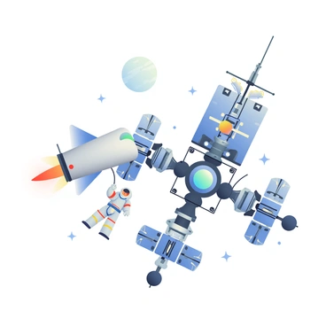 A sleek silver rocket is in the process of docking with a large, intricate space station that features numerous interconnected modules and solar panels. The space station is detailed with various antennas and a glowing blue light at its center. Nearby, two astronauts in white space suits are floating, tethered to the station by thin cables. One astronaut is reaching toward the docking mechanism, while the other is observing the docking process. The vastness of space surrounds them, dotted with distant stars and a faintly glowing planet in the background.