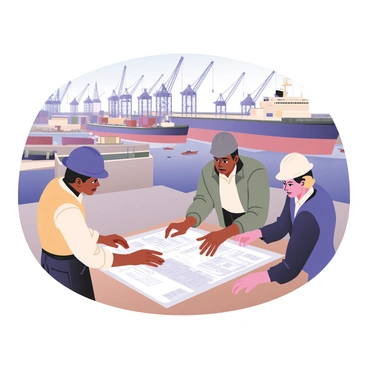A group of engineers is gathered at a busy harbor, analyzing redevelopment plans. There are three engineers, two men and one woman. One man has light brown skin and is wearing a blue hard hat, a yellow safety vest, and dark jeans. The second man has dark skin and is in a gray hard hat and a white shirt with rolled-up sleeves. The woman has medium skin and is wearing a white hard hat and a navy blue blazer. They are looking at a large blueprint spread out on a wooden table. In the background, there are several cranes working on a container ship that is docked at the harbor, along with smaller boats and numerous shipping containers stacked on the dock. The sky is clear and blue, creating a vibrant atmosphere.