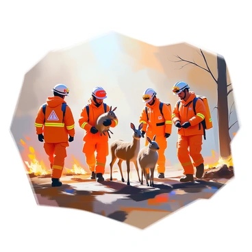 A rescue team comprised of four individuals is actively saving animals from a forest fire. Each team member is dressed in bright orange gear featuring a "fire triangle" symbol prominently displayed. One rescuer, a woman with dark hair pulled back, is gently cradling a frightened rabbit in her arms. A man beside her, with a helmet and gloves, is guiding a small group of deer towards safety. In the background, billowing smoke rises from the trees, and the flames cast a warm glow across the scene. The ground is scattered with burnt branches and ash, while the team works tirelessly to ensure the animals are rescued and brought to safety.