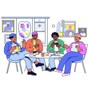 A group of artists of different disciplines gathered in a bright studio space. The artists include a painter with a palette and brush, a sculptor with a small clay model, a photographer holding a camera, and a designer with sketches in hand. Each artist is engaged in conversation, with smiles and hand gestures indicating lively discussion. The studio has colorful walls adorned with various artworks, and large windows allow natural light to flood the room. In the center, a round table is scattered with art supplies and refreshments.