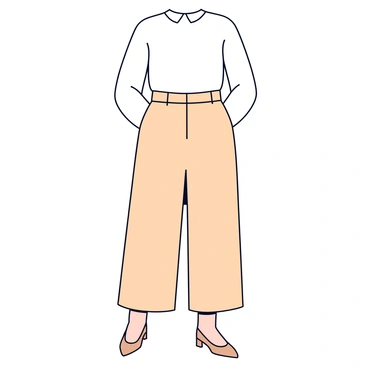 A minimalist fashion ensemble featuring a fitted white blouse with clean, sharp lines. The blouse is tucked into high-waisted beige trousers that flow smoothly to the ankles. Completing the look is a pair of sleek, pointed-toe nude flats. The outfit is displayed against a plain backdrop to emphasize the simplicity and elegance of the design.