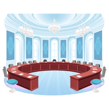 An ornate historic senate chamber features high ceilings adorned with intricate moldings. Grand chandeliers hang from the ceiling, casting a warm glow over the room. Long, polished wooden desks are arranged in a semi-circle, each equipped with small nameplates. Rich tapestries line the walls, adding elegance to the setting. Elaborate columns support the structure, while sunlight filters in through large arched windows. The floor is covered with a detailed patterned carpet, enhancing the overall grandeur of the space.