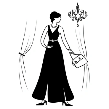 A woman wearing an elegant evening gown stands confidently, adorned with "sparkling jewelry" that catches the light. Her "clutch purse" is held delicately in one hand. The background features soft drapes and a hint of a grand chandelier, suggesting a luxurious setting. Additional elements include a stylish pair of high heels and a decorative bracelet that complements the ensemble.