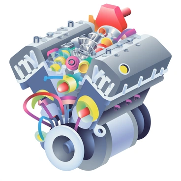 A cutaway illustration of a car engine is presented, showcasing intricate mechanical components. The outer casing of the engine is metallic gray with visible bolts and seals. Inside, there are various parts such as pistons, connecting rods, crankshaft, and camshaft, all rendered in realistic detail. The pistons are shown in different positions within the cylinders, and there is a bright red valve cover on top. An oil pan is visible at the bottom, with oil flow lines depicted in blue. Various belts and hoses are connected throughout the engine, created in contrasting colors to highlight their presence. The background is a soft gradient that enhances the focus on the engine's features.