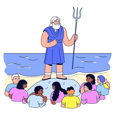 A tall figure representing Poseidon stands on a rocky shoreline. He has a long, flowing beard and holds a trident firmly in his right hand. Poseidon is depicted with a deep blue robe that billows around him, with accents that resemble waves. He looks down at a diverse group of humans gathered on the beach, who are observing him with expressions of awe and curiosity. In the background, the ocean is visible, with gentle waves lapping at the shore. Above, a clear sky meets the horizon, enhancing the sense of openness and connection to nature. The scene conveys a message of respect towards the ocean environment, illustrated through Poseidon's commanding presence.