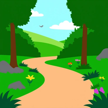 A winding dirt path curves through a dense, lush forest filled with a variety of vibrant green trees and colorful wildflowers. Sunlight filters through the canopy, casting dappled shadows on the ground. The path is bordered by ferns and small shrubs, creating a natural frame. In the distance, the path leads toward a gentle hill, inviting individuals to venture further into the scene. Birds can be seen flitting between the branches, adding life to the serene atmosphere of exploration.