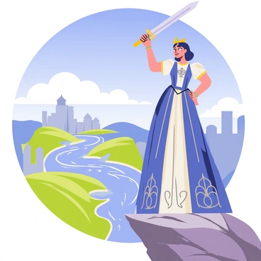 A brave princess wearing a flowing gown in shades of blue and silver stands confidently on a rocky cliff. Her gown billows in the wind, adorned with intricate patterns that shimmer in the sunlight. She holds a gleaming sword high above her head, the blade reflecting the light. Below her, a vast kingdom stretches out, with rolling green hills, a sparkling river, and distant castles dotting the landscape. The sky is a vivid blue, with a few fluffy white clouds drifting by. The princess's expression is determined, showcasing her courage and strength.