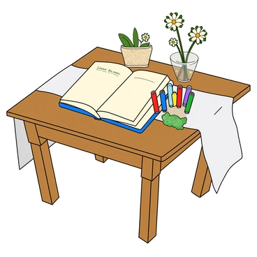 A guest book table made of polished wood, displaying an elegant white tablecloth draping over the sides. On the table sits a beautifully bound memory book with a decorative cover, opened to a blank page inviting guests to write their wishes. Next to the memory book are several colorful pens, including blue, red, and green, neatly arranged in a small holder. The table is adorned with a few delicate flower arrangements in small vases, adding a vibrant touch. In the background, there is soft lighting that enhances the cozy atmosphere.
