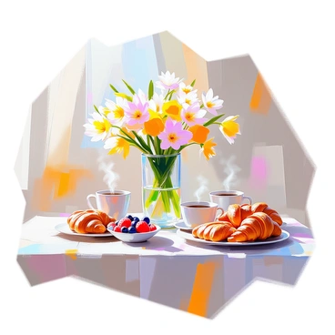 A cozy breakfast table set with a light, woven tablecloth. In the center of the table, there is a clear glass vase filled with vibrant freesias in various shades of yellow, pink, and white. Surrounding the vase, there are two steaming mugs of coffee and a plate stacked with golden, buttery croissants. To one side, there is a small bowl of fresh strawberries and blueberries. Sunlight streams through a nearby window, illuminating the scene and creating a warm, inviting atmosphere.