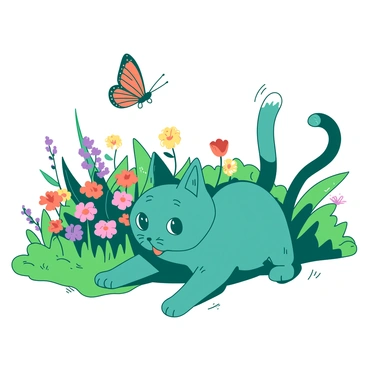 A teal cat with bright eyes is playfully chasing a delicate orange butterfly that flutters above it. The cat is crouched low to the ground, with its tail held high in excitement. Around them, a sunlit garden is filled with vibrant green grass and colorful blooming flowers. The sunlight casts gentle shadows across the garden bed, highlighting the cheerful atmosphere of the scene. The butterfly flits from flower to flower, while the cat pounces eagerly, creating a lively interaction between them.