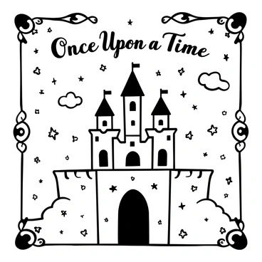 An ornate invitation with the words "Once Upon a Time" elegantly written at the top. In the center, a majestic storybook castle with tall towers and intricate details, surrounded by whimsical clouds. Scattered around the castle, numerous sparkling stars in various sizes, creating a magical atmosphere. A decorative border encircles the invitation, adding to its enchanting feel.