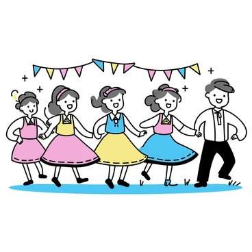 A group of children, smiling and looking joyful, are dressed in traditional Polish folk costumes. The boys wear white shirts with colorful vests and dark trousers, while the girls are in vibrant dresses with intricate patterns, featuring flowing skirts and decorative headpieces. They are performing a lively dance on a grassy area, surrounded by spectators. Colorful banners and decorations hang in the background, adding a festive atmosphere to the scene.