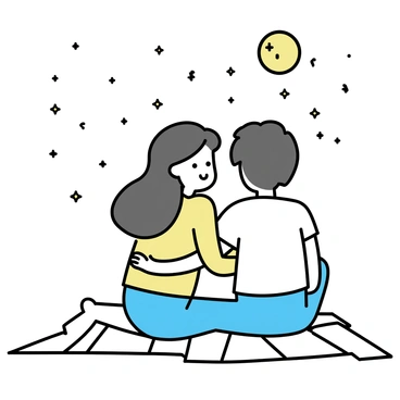 A couple is sitting close together on a large, checkered blanket spread out on the grass. They are wrapped in a warm embrace, with the man's arm around the woman's shoulders. The woman, with long flowing hair, is wearing a light sweater, while the man is dressed in a casual t-shirt. Above them, the night sky is filled with small, bright stars, creating a twinkling effect. The moon, in its full phase, casts a gentle light over the scene, illuminating their faces with a soft glow.