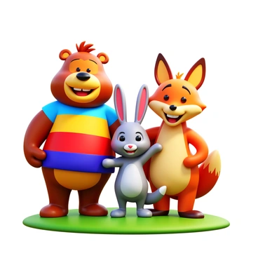 A friendly group of animated film characters standing together for a group photo. The characters include a tall, cheerful bear wearing a colorful shirt, a small, energetic rabbit with large ears, and a clever fox with a playful grin. They are positioned closely, smiling and posing with their arms around each other. The background features a vibrant setting, such as a sunny park with green grass and trees. Each character has distinct features and bright colors that highlight their personalities.