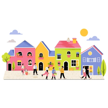 A town scene featuring a series of colorful miniature houses with intricate details, each uniquely designed with vibrant roofs and small windows. Tiny people are bustling about on the cobblestone streets, engaging in various activities such as chatting, carrying groceries, and walking dogs. There are miniature trees and flower pots adorning the sidewalks, adding life to the bustling atmosphere. The sky above is bright and clear, casting a cheerful light over this lively town.