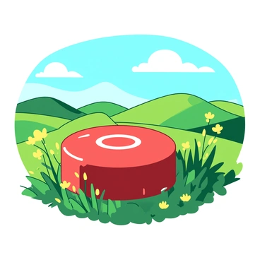 A large round reset button is positioned prominently in the center of a vibrant green field. The button is designed with a glossy red surface that catches the light, displaying a white circular symbol in the middle. Surrounding the button, the field is dotted with small yellow wildflowers swaying gently in a light breeze. In the background, there are distant hills that add depth to the landscape. The sky above is bright blue with a few fluffy white clouds drifting by.