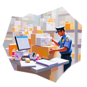 A customs officer with medium skin, wearing a navy blue uniform and a badge, is standing in a busy customs clearance area. The officer is examining a large cardboard box that is labeled with international shipping symbols and “Delivered Duty Paid” written clearly on it. Surrounding the officer are stacks of other imported goods, including small electronics, clothing, and toys. A computer and a stack of documents are set up on a nearby desk, showing various customs forms. The environment is well-lit, and there are shelves in the background filled with more packages awaiting clearance.
